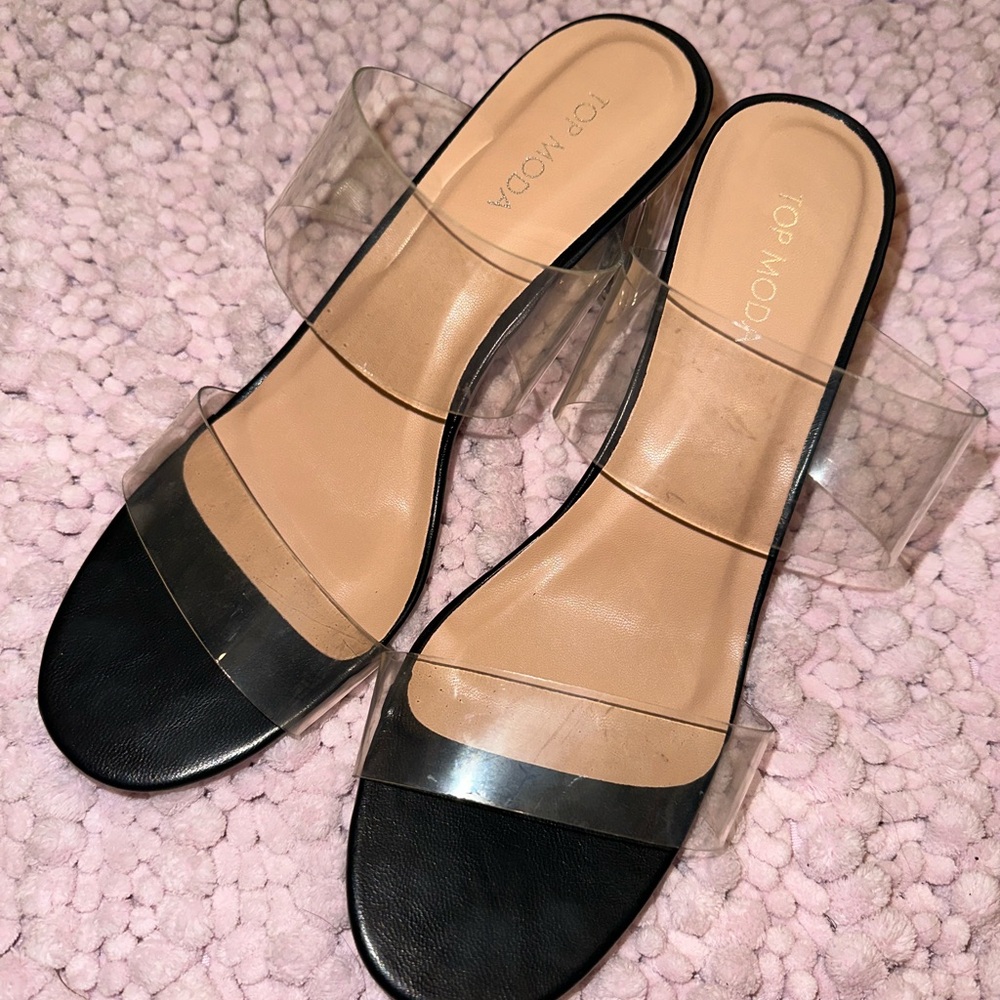 TOP Moda Women's Black and Clear Strap Heels